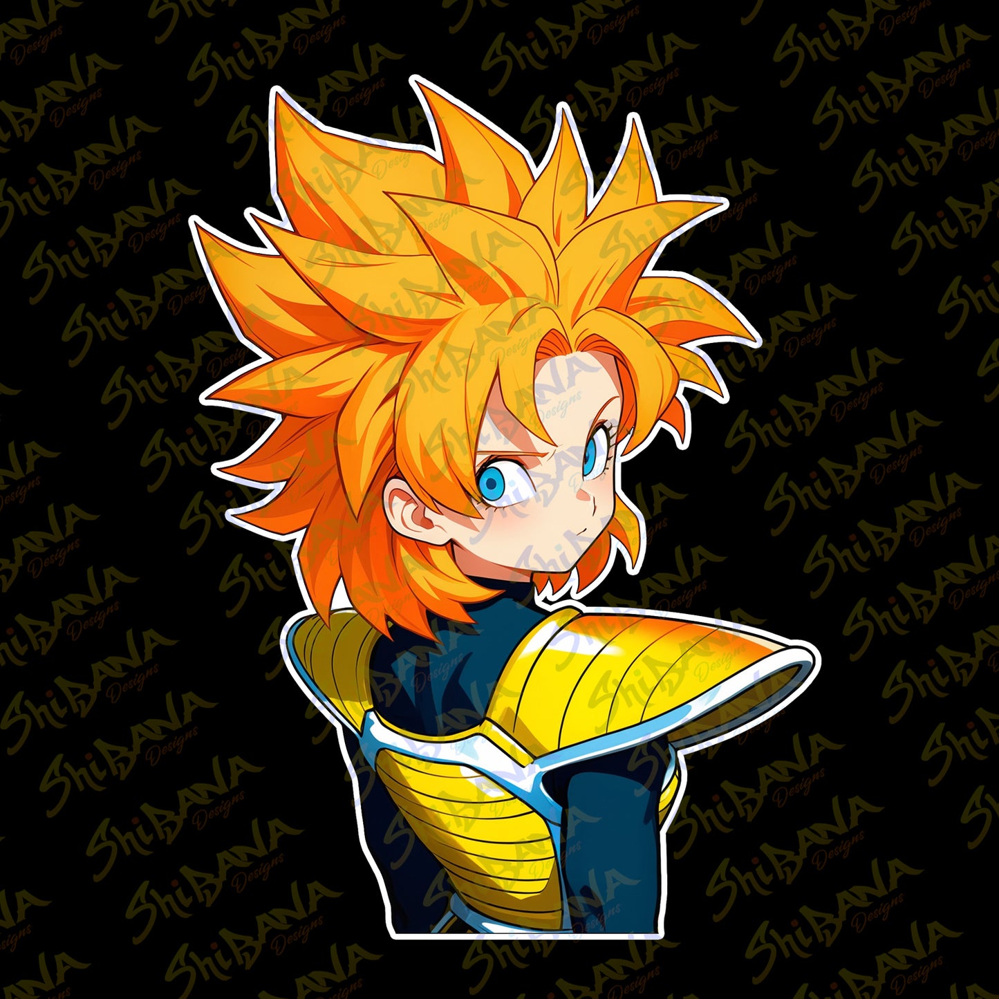 Orange Anime Girl Wearing Saiyan Armor Vinyl Sticker | DBZ Fan Art Manga Decoration