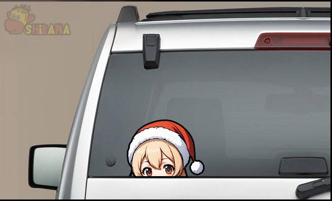 Christmas Anime Girl Peeker Decal Vinyl Sticker | Kawaii Santa Hat