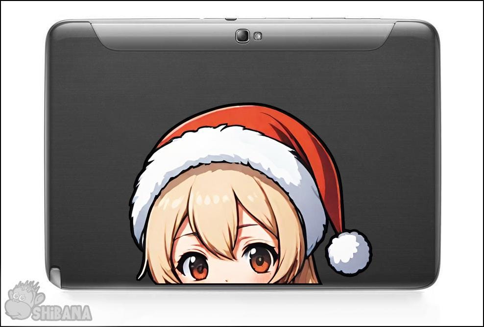 Christmas Anime Girl Peeker Decal Vinyl Sticker | Kawaii Santa Hat
